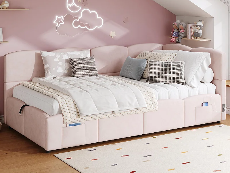Divano letto bambino 90x200 cm - Letto con contenitore - con porte USB - con tasca portaoggetti - Velluto - Rosa (senza materasso)