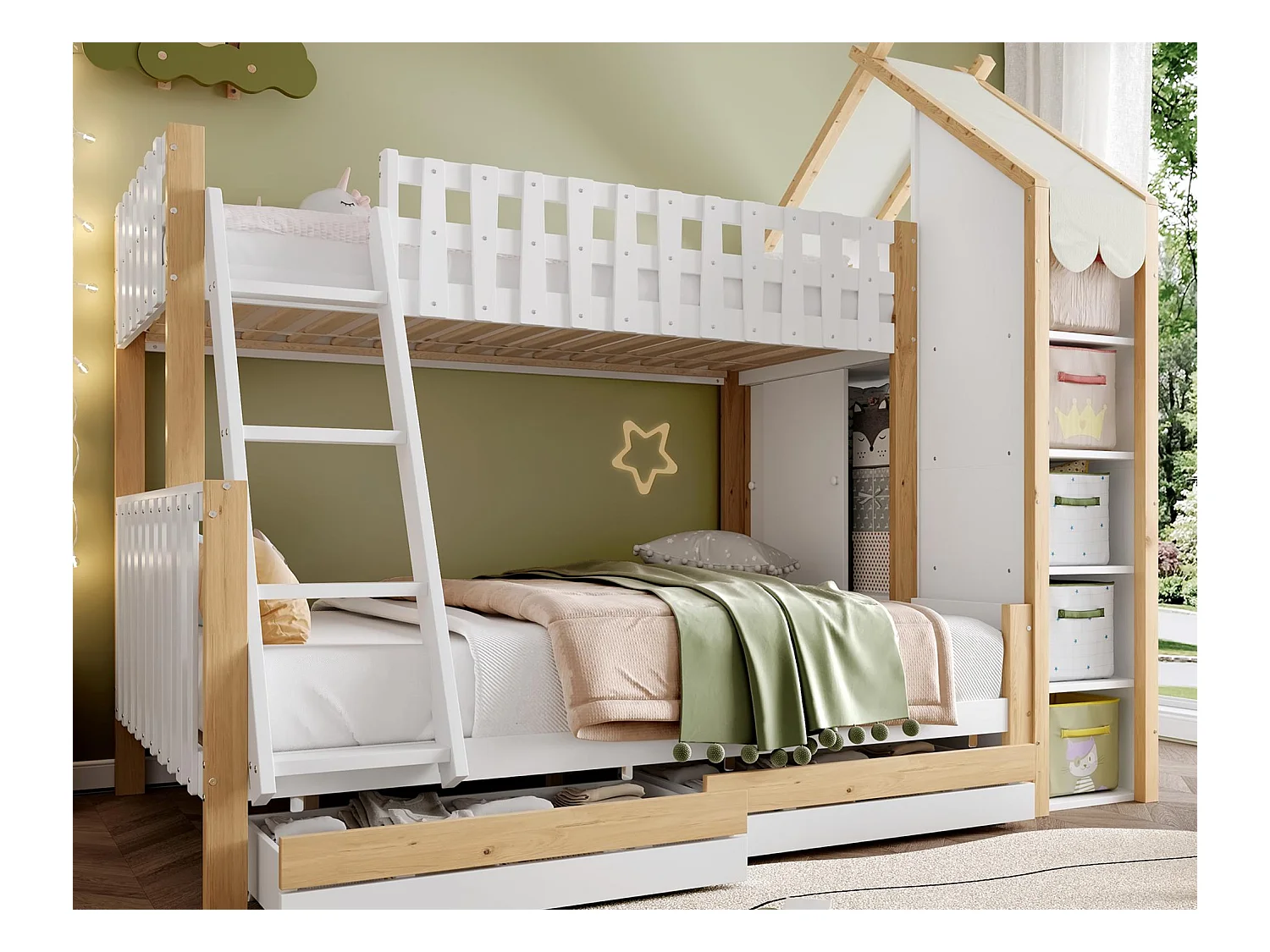 Lit superposé 90x200cm + 140x200cm - avec échelle - 2 tiroirs - avec étagère - blanc + naturel (matelas non inclus)