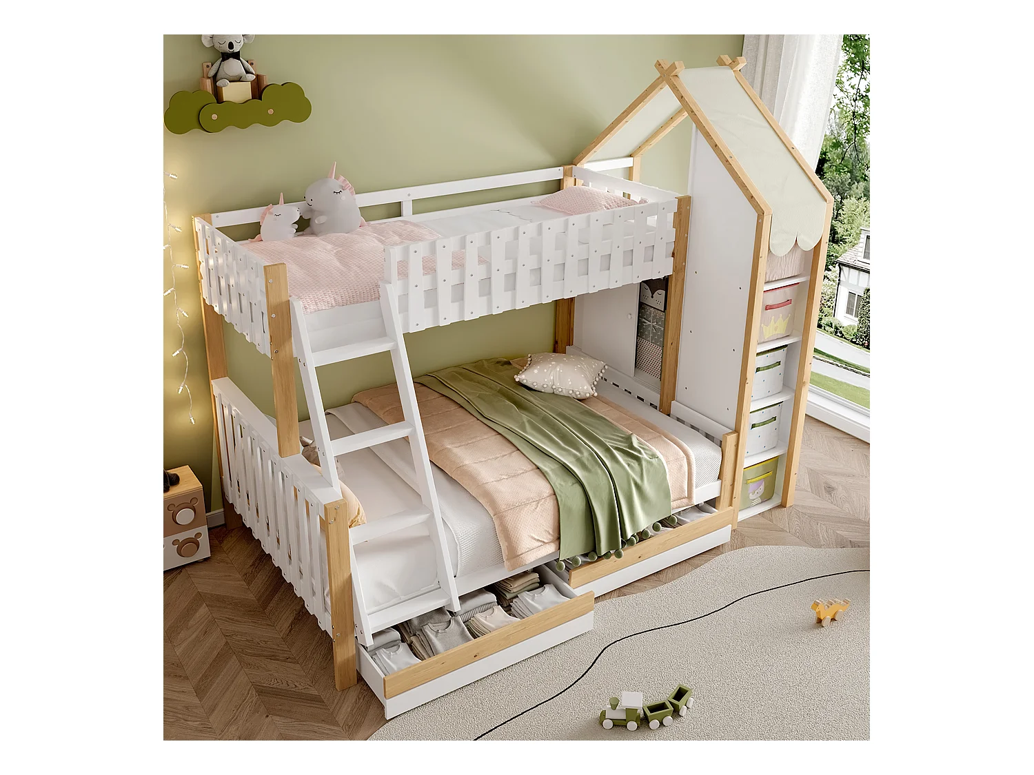 Lit superposé 90x200cm + 140x200cm - avec échelle - 2 tiroirs - avec étagère - blanc + naturel (matelas non inclus)