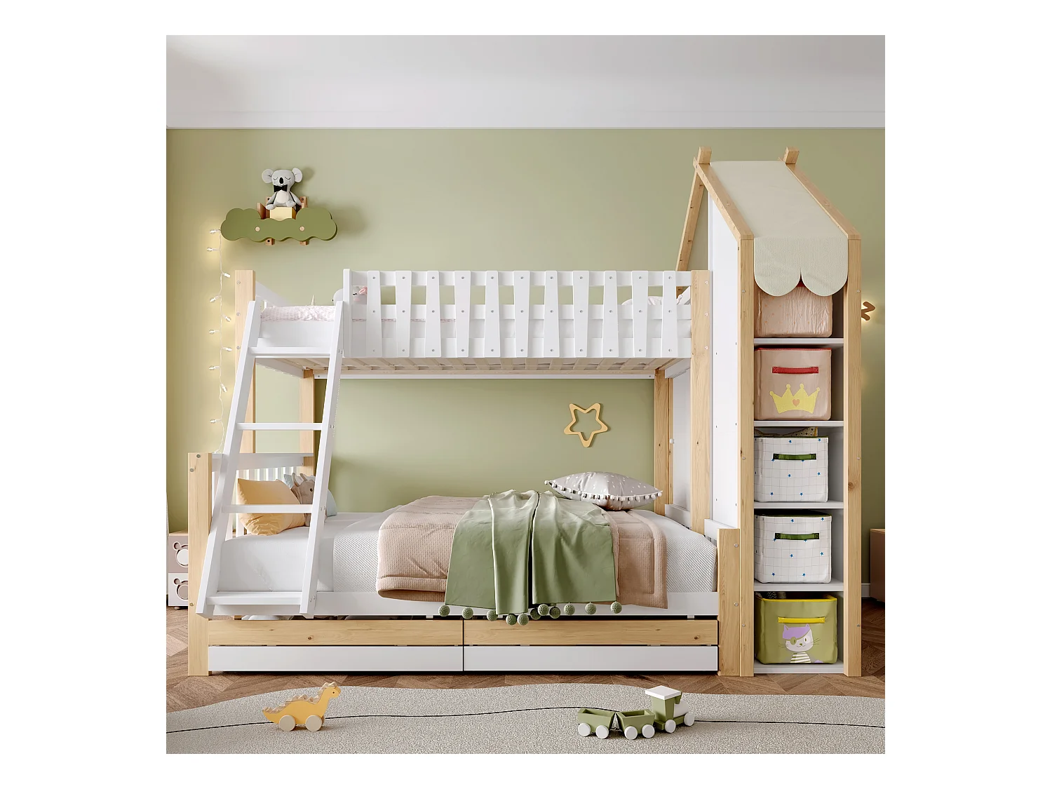 Lit superposé 90x200cm + 140x200cm - avec échelle - 2 tiroirs - avec étagère - blanc + naturel (matelas non inclus)