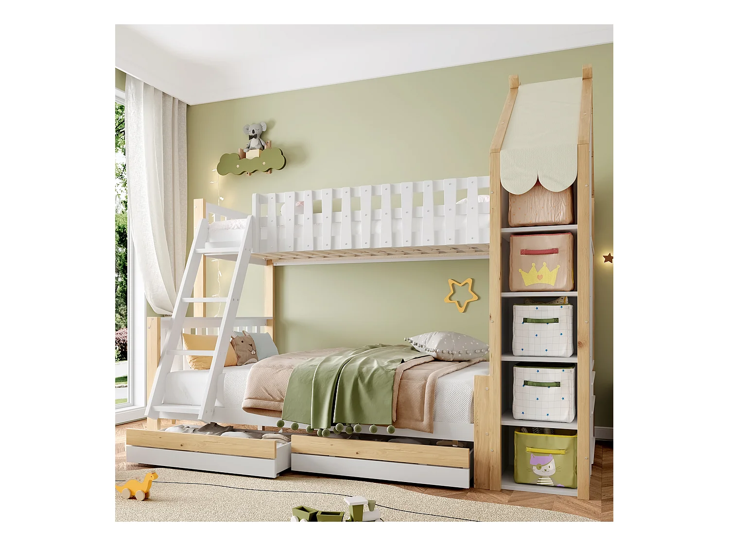 Lit superposé 90x200cm + 140x200cm - avec échelle - 2 tiroirs - avec étagère - blanc + naturel (matelas non inclus)