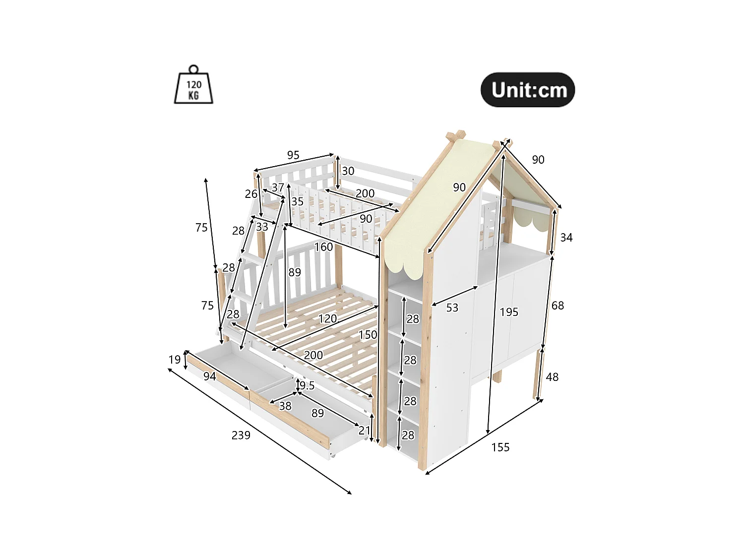 Lit superposé 90x200cm + 140x200cm - avec échelle - 2 tiroirs - avec étagère - blanc + naturel (matelas non inclus)