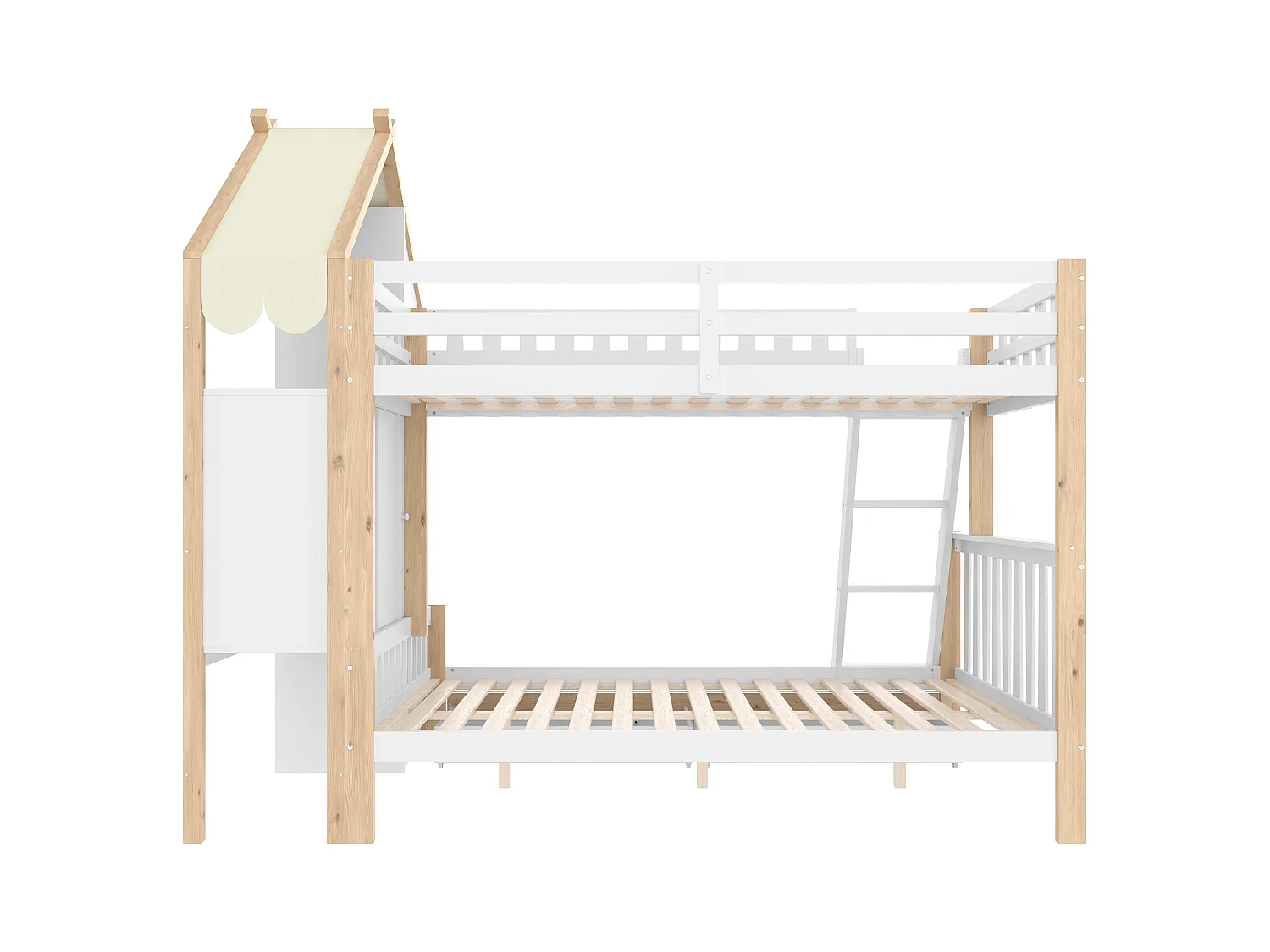 Lit superposé 90x200cm + 140x200cm - avec échelle - 2 tiroirs - avec étagère - blanc + naturel (matelas non inclus)