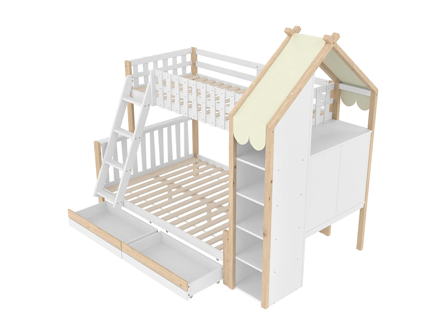 Lit superposé 90x200cm + 140x200cm - avec échelle - 2 tiroirs - avec étagère - blanc + naturel (matelas non inclus)