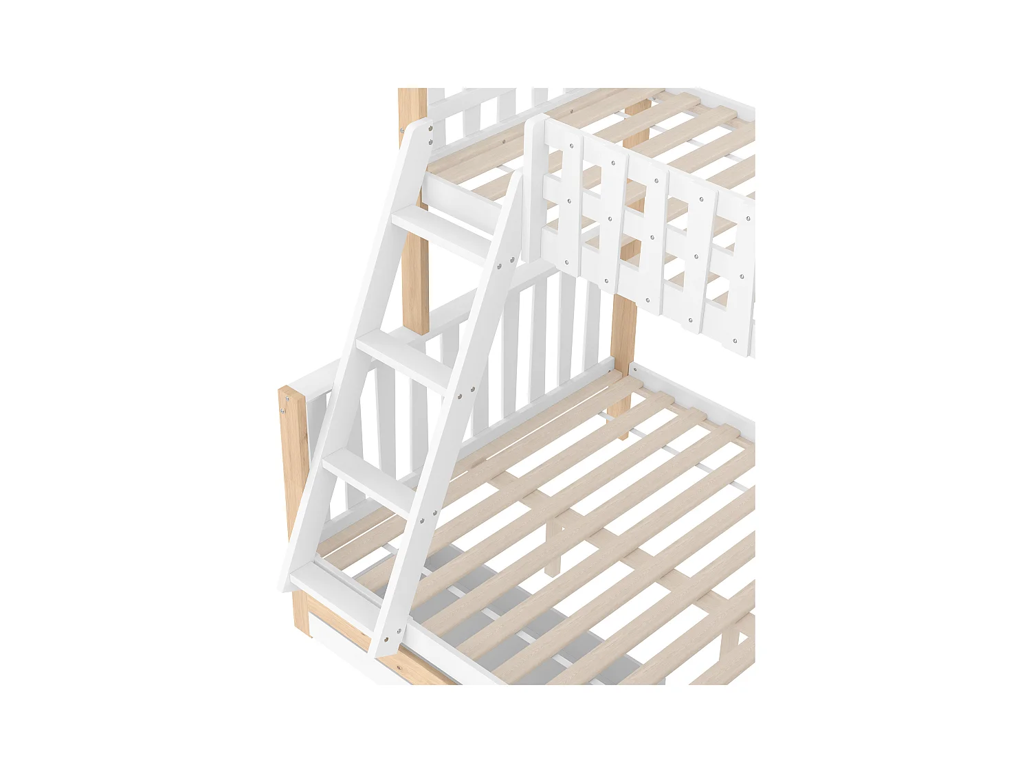 Lit superposé 90x200cm + 140x200cm - avec échelle - 2 tiroirs - avec étagère - blanc + naturel (matelas non inclus)