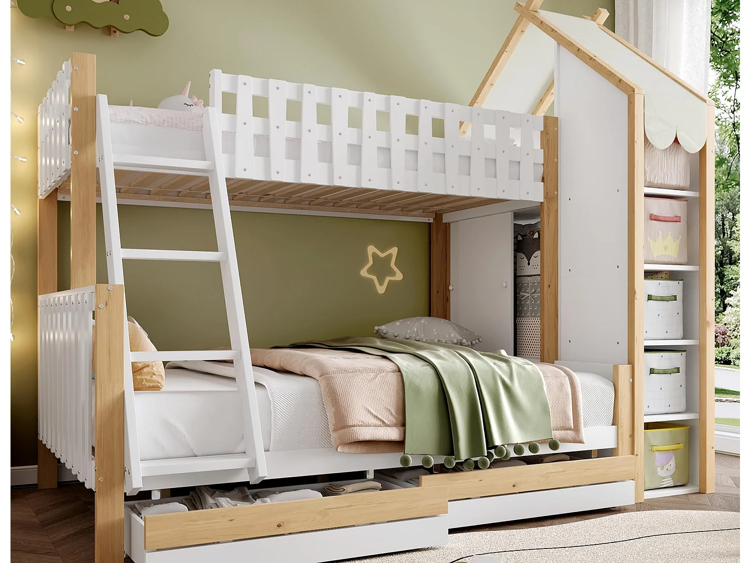 Lit superposé 90x200cm + 140x200cm - avec échelle - 2 tiroirs - avec étagère - blanc + naturel (matelas non inclus)