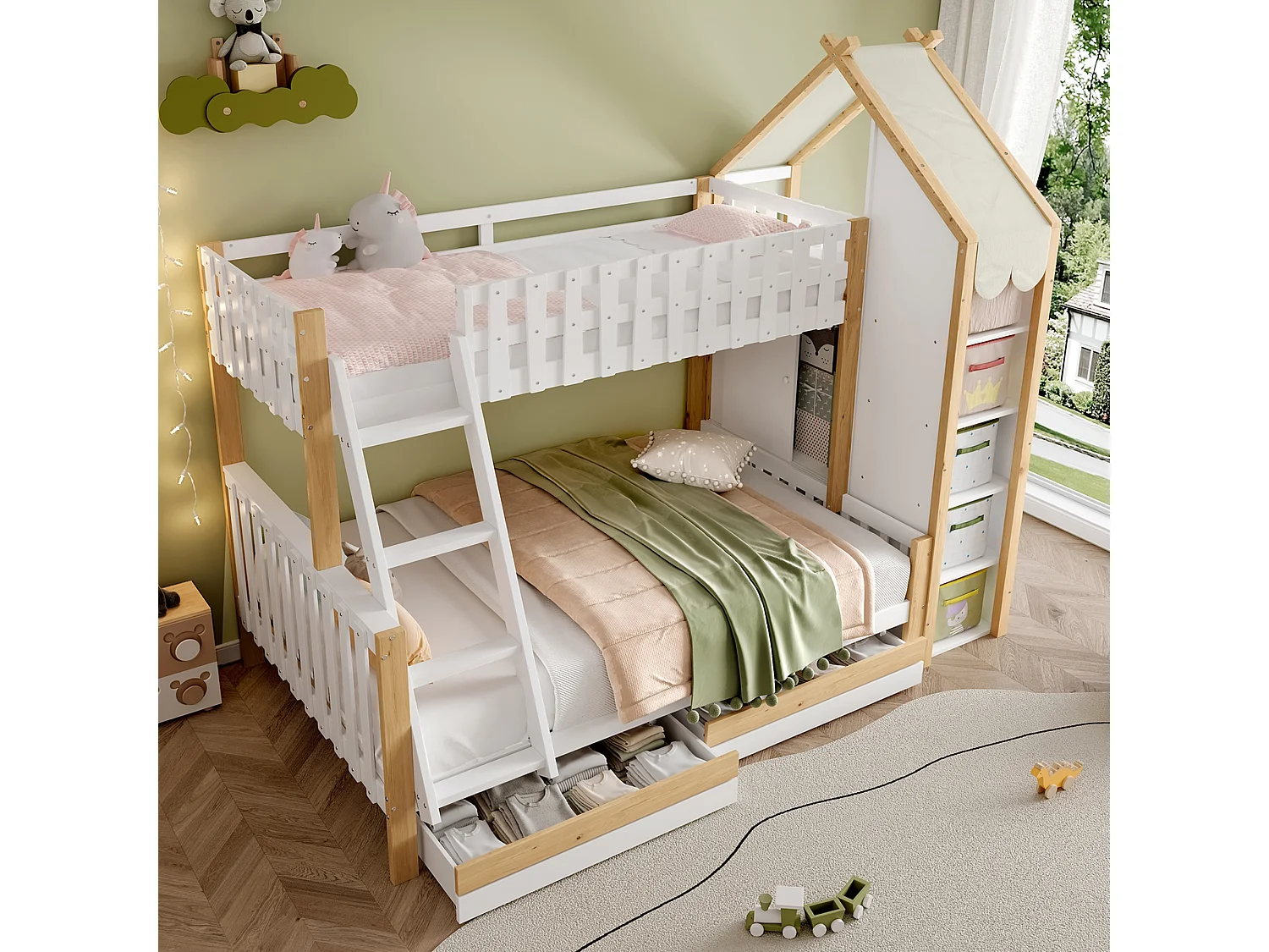 Lit superposé 90x200cm + 140x200cm - avec échelle - 2 tiroirs - avec étagère - blanc + naturel (matelas non inclus)