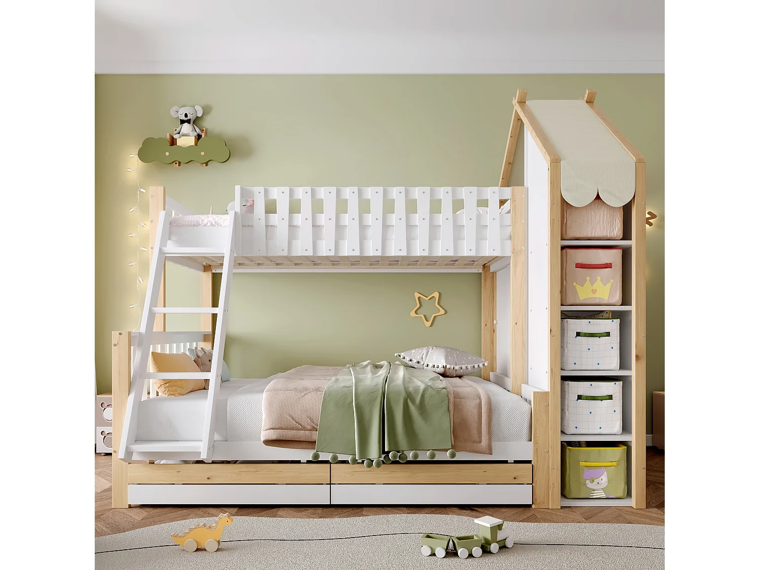 Lit superposé 90x200cm + 140x200cm - avec échelle - 2 tiroirs - avec étagère - blanc + naturel (matelas non inclus)