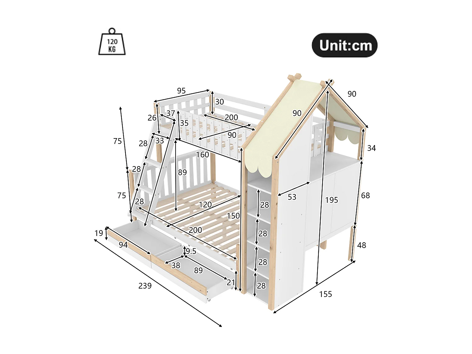 Lit superposé 90x200cm + 140x200cm - avec échelle - 2 tiroirs - avec étagère - blanc + naturel (matelas non inclus)