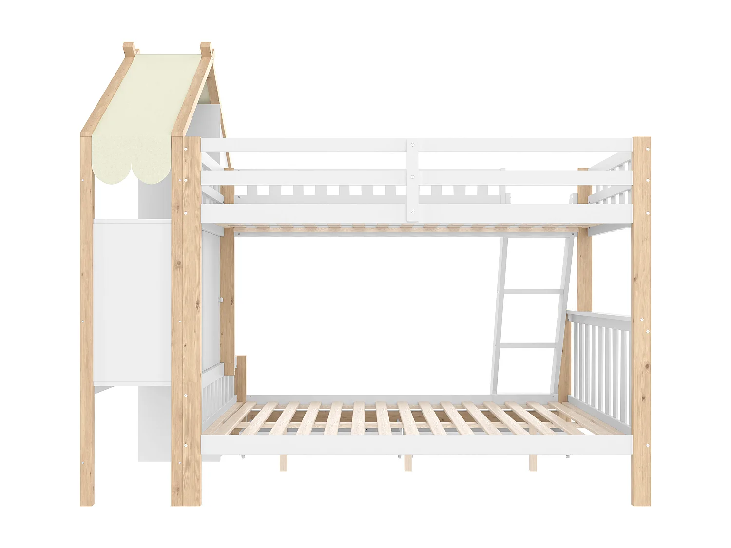 Lit superposé 90x200cm + 140x200cm - avec échelle - 2 tiroirs - avec étagère - blanc + naturel (matelas non inclus)