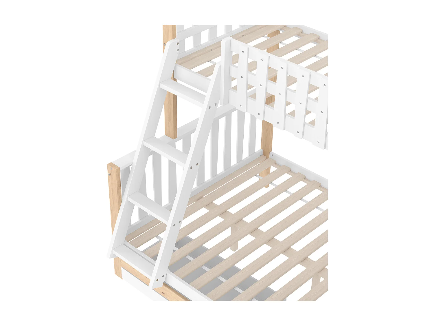 Lit superposé 90x200cm + 140x200cm - avec échelle - 2 tiroirs - avec étagère - blanc + naturel (matelas non inclus)