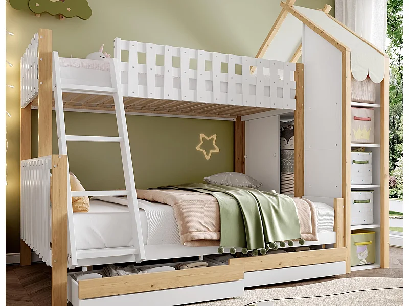 Lit superposé 90x200cm + 140x200cm - avec échelle - 2 tiroirs - avec étagère - blanc + naturel (matelas non inclus)