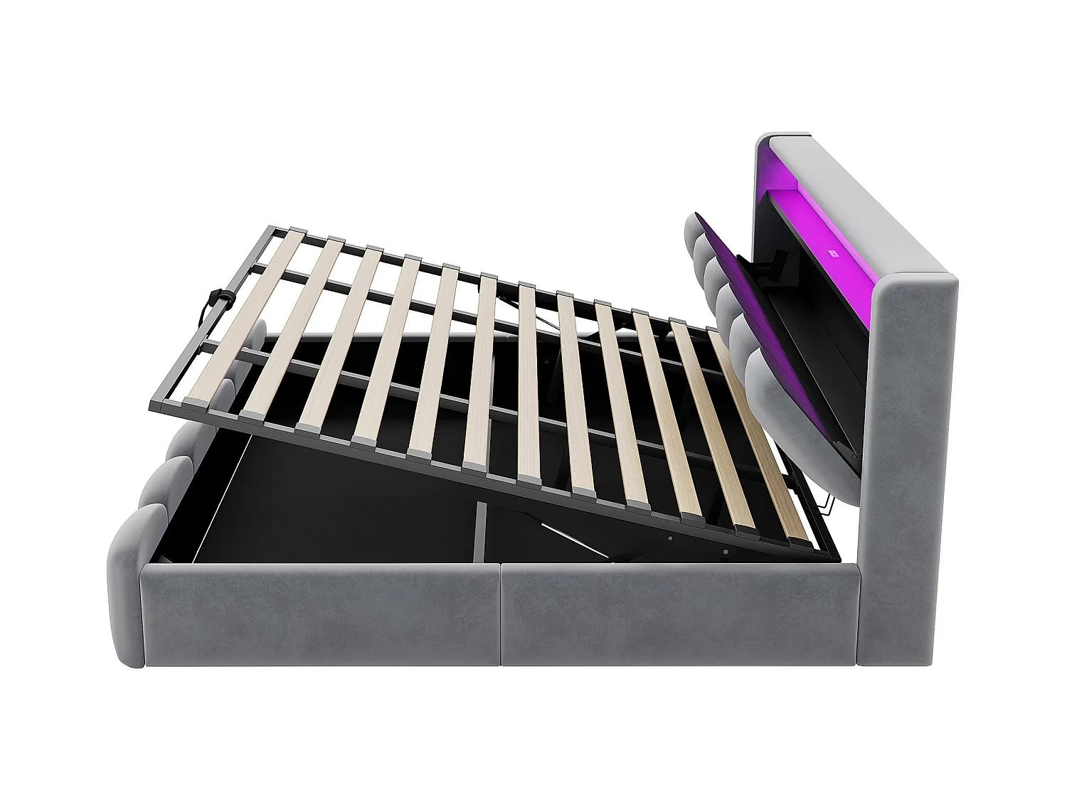 Lit coffre rembourré 180x200 - Double - avec USB + Type-C - avec lumière LED - Velours - Gris (matelas non inclus)