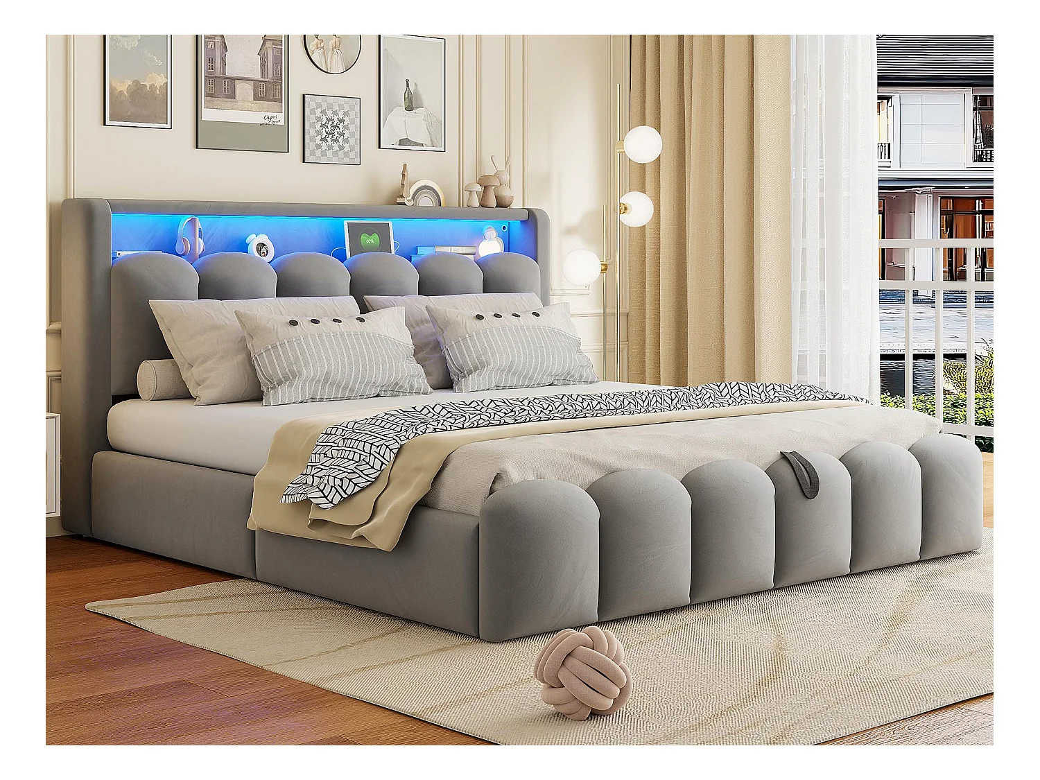 Lit coffre rembourré 180x200 - Double - avec USB + Type-C - avec lumière LED - Velours - Gris (matelas non inclus)