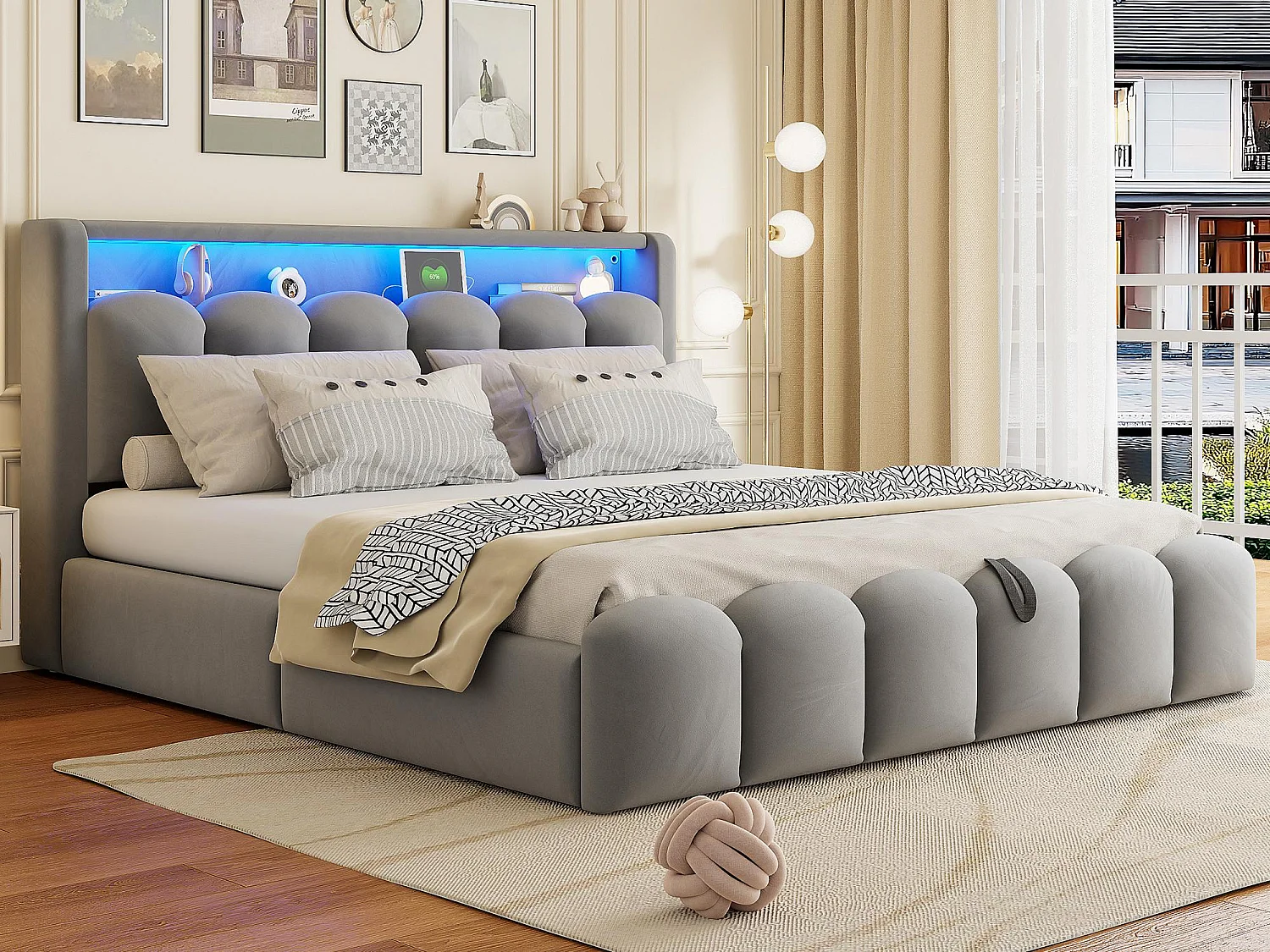 Lit coffre rembourré 180x200 - Double - avec USB + Type-C - avec lumière LED - Velours - Gris (matelas non inclus)