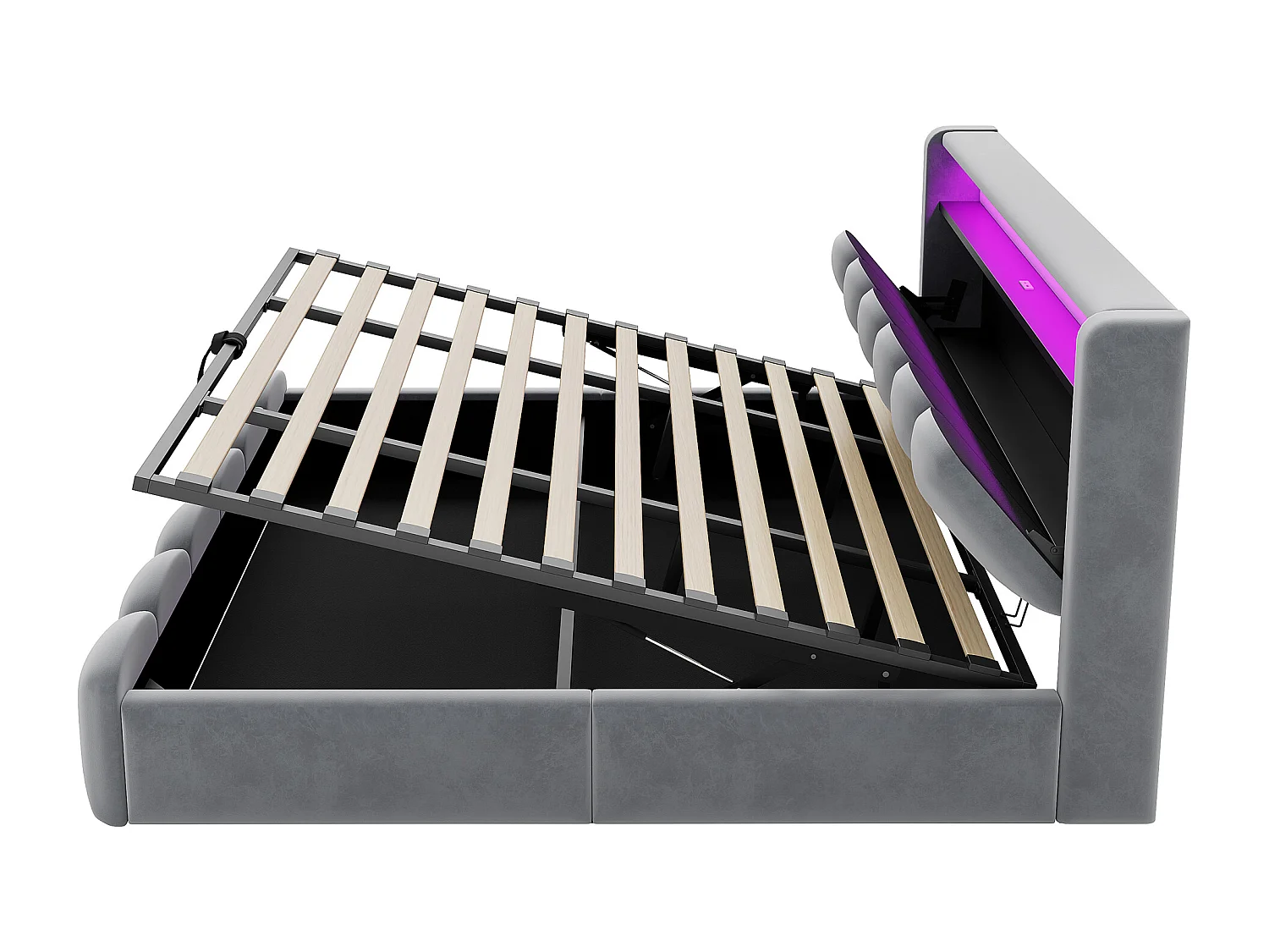 Lit coffre rembourré 180x200 - Double - avec USB + Type-C - avec lumière LED - Velours - Gris (matelas non inclus)