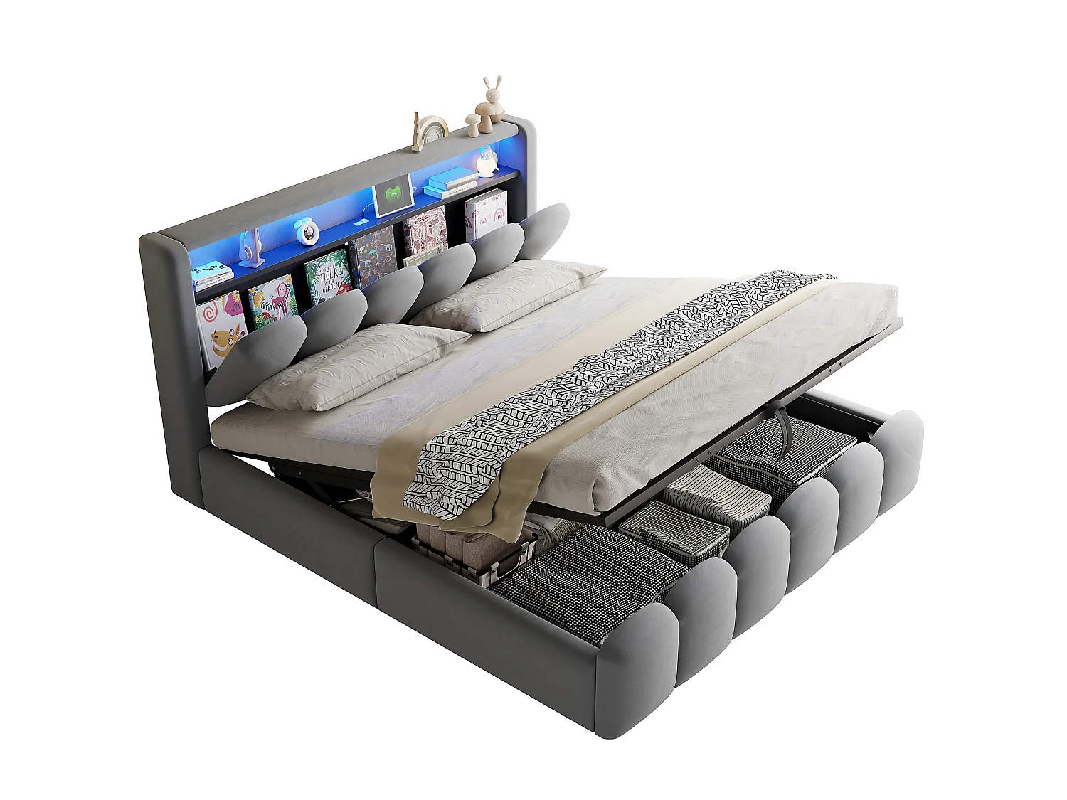 Lit coffre rembourré 180x200 - Double - avec USB + Type-C - avec lumière LED - Velours - Gris (matelas non inclus)