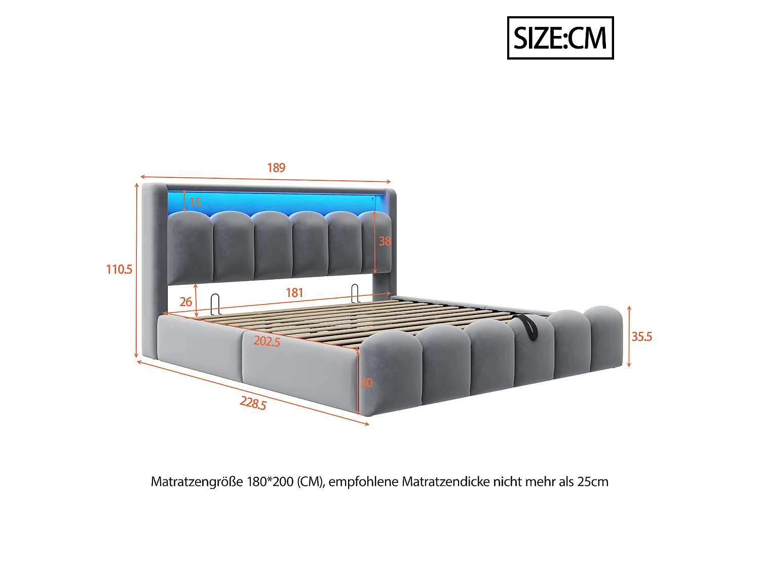 Lit coffre rembourré 180x200 - Double - avec USB + Type-C - avec lumière LED - Velours - Gris (matelas non inclus)