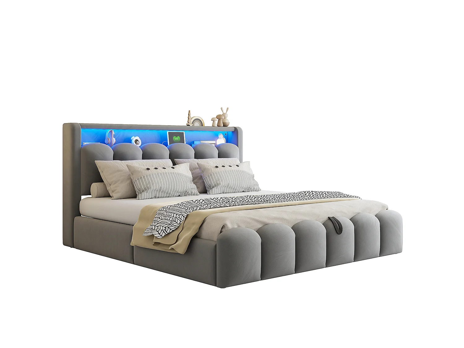 Lit coffre rembourré 180x200 - Double - avec USB + Type-C - avec lumière LED - Velours - Gris (matelas non inclus)