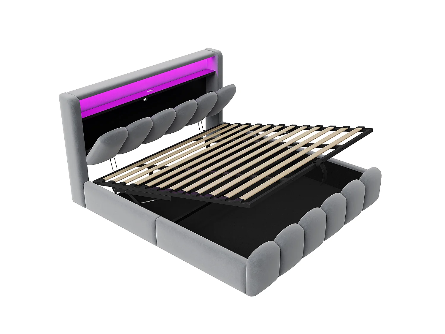 Lit coffre rembourré 180x200 - Double - avec USB + Type-C - avec lumière LED - Velours - Gris (matelas non inclus)