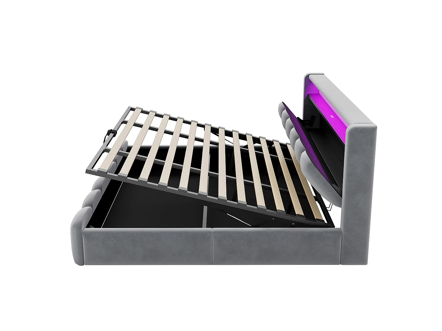 Lit coffre rembourré 180x200 - Double - avec USB + Type-C - avec lumière LED - Velours - Gris (matelas non inclus)
