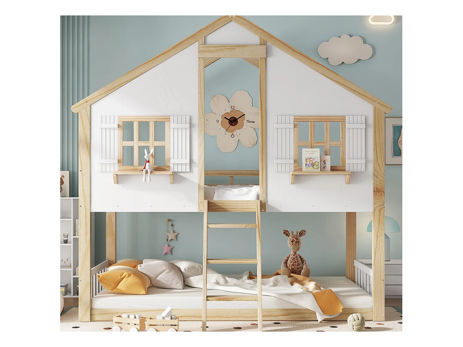 Lit superposé 90x200cm - avec échelle et garde-corps - avec des fenêtres et une forme de maison - Bois massif + MDF - Blanc + Naturel