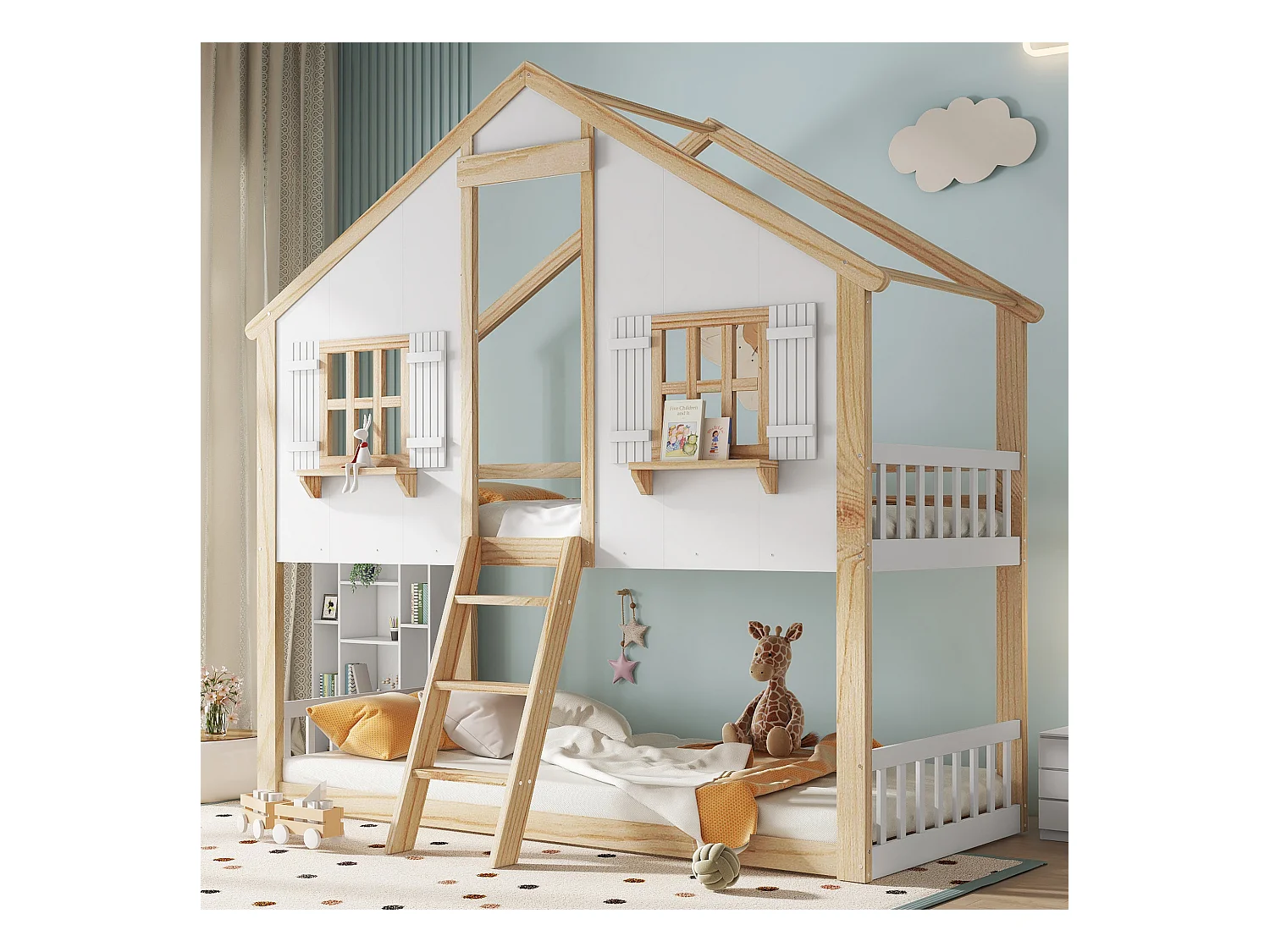 Lit superposé 90x200cm - avec échelle et garde-corps - avec des fenêtres et une forme de maison - Bois massif + MDF - Blanc + Naturel