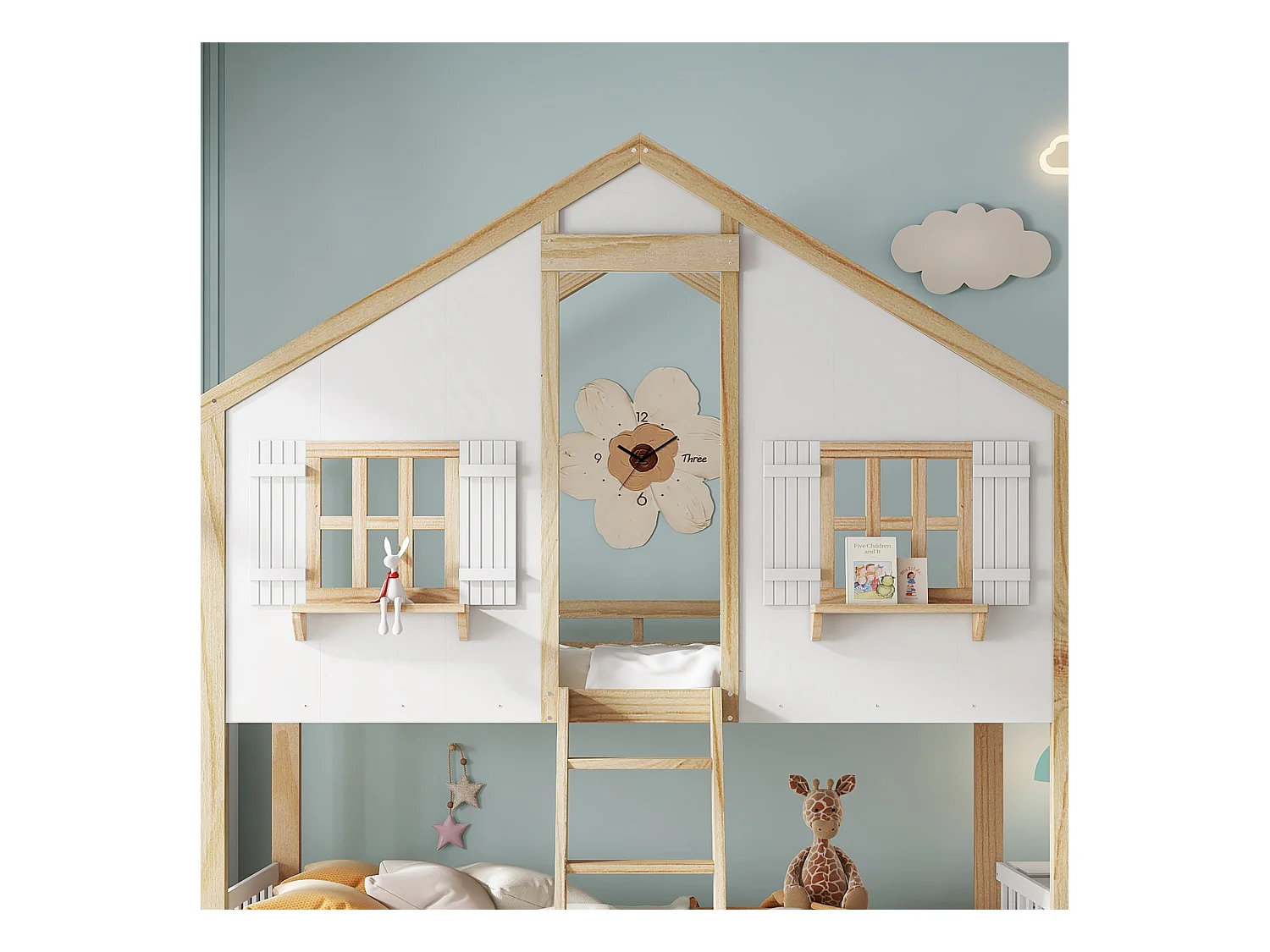 Lit superposé 90x200cm - avec échelle et garde-corps - avec des fenêtres et une forme de maison - Bois massif + MDF - Blanc + Naturel