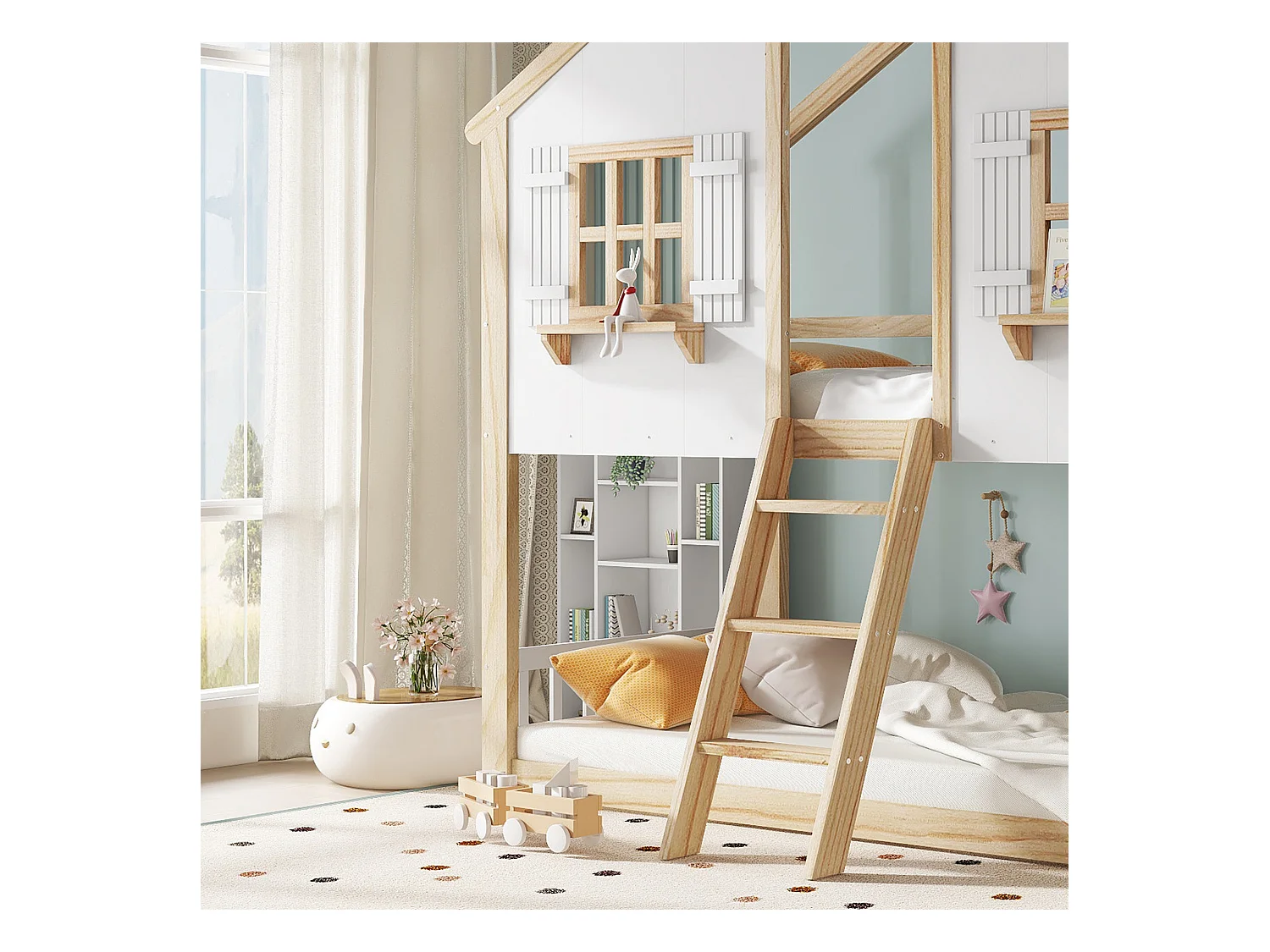 Lit superposé 90x200cm - avec échelle et garde-corps - avec des fenêtres et une forme de maison - Bois massif + MDF - Blanc + Naturel