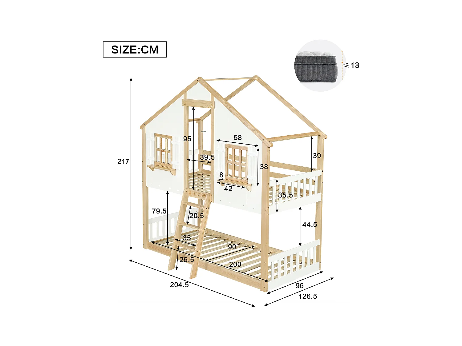 Lit superposé 90x200cm - avec échelle et garde-corps - avec des fenêtres et une forme de maison - Bois massif + MDF - Blanc + Naturel