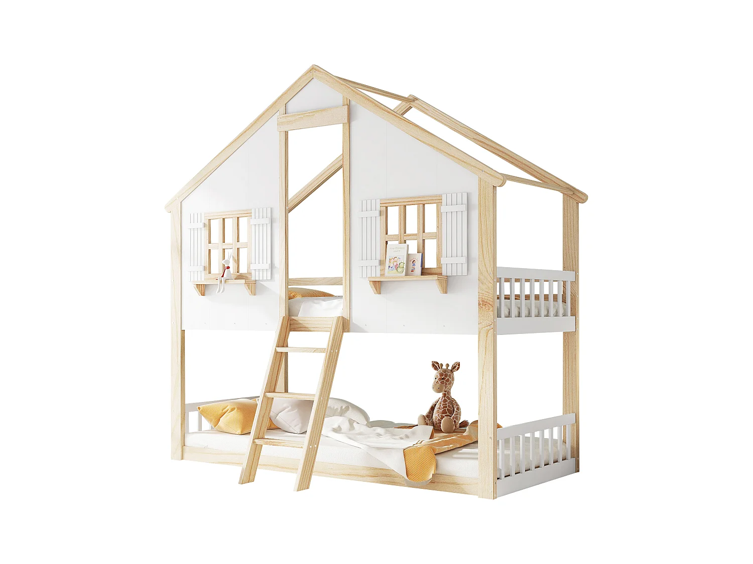 Lit superposé 90x200cm - avec échelle et garde-corps - avec des fenêtres et une forme de maison - Bois massif + MDF - Blanc + Naturel