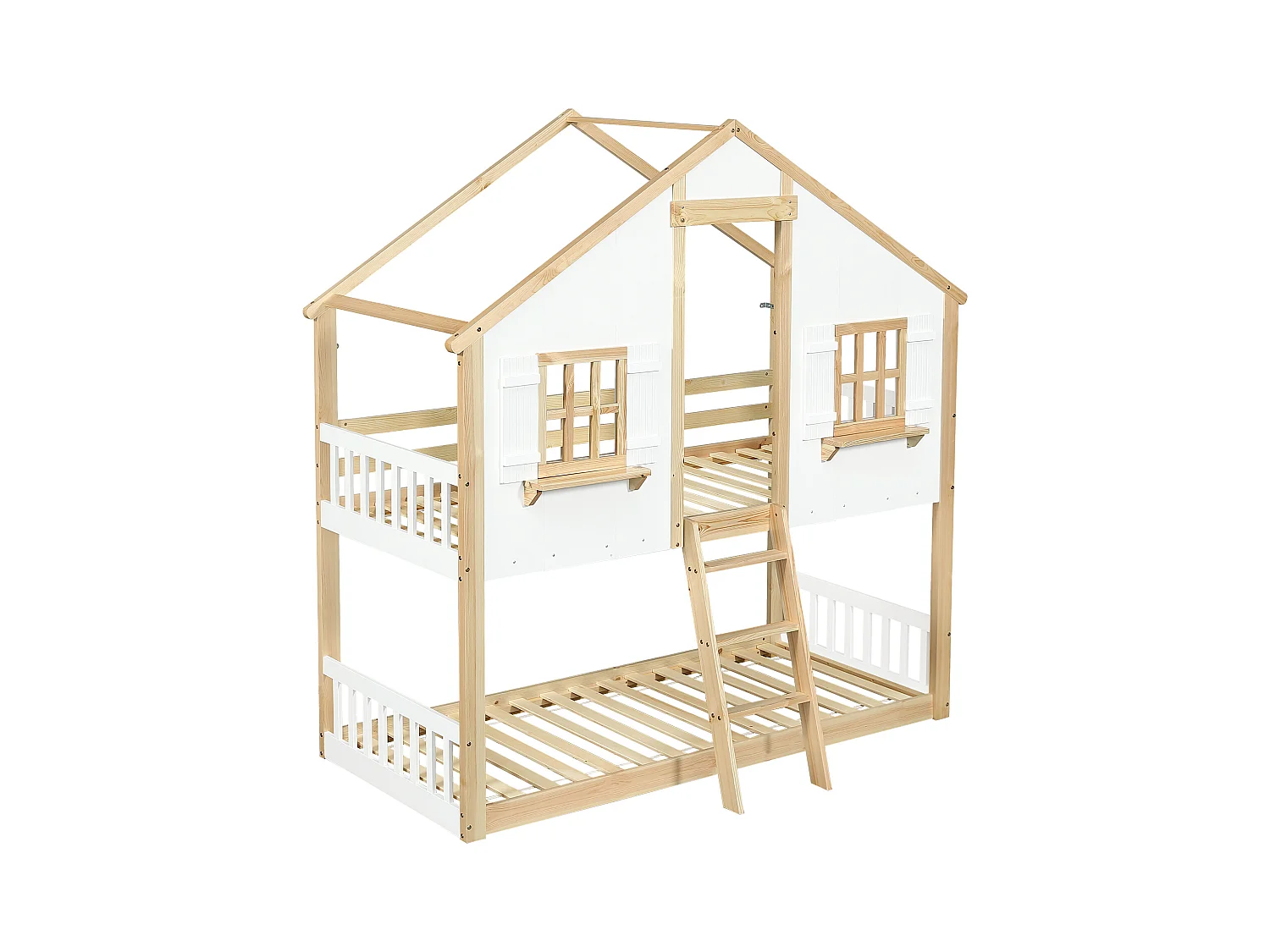 Lit superposé 90x200cm - avec échelle et garde-corps - avec des fenêtres et une forme de maison - Bois massif + MDF - Blanc + Naturel