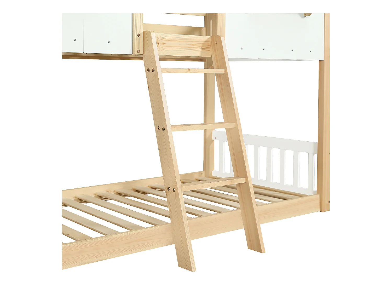 Lit superposé 90x200cm - avec échelle et garde-corps - avec des fenêtres et une forme de maison - Bois massif + MDF - Blanc + Naturel