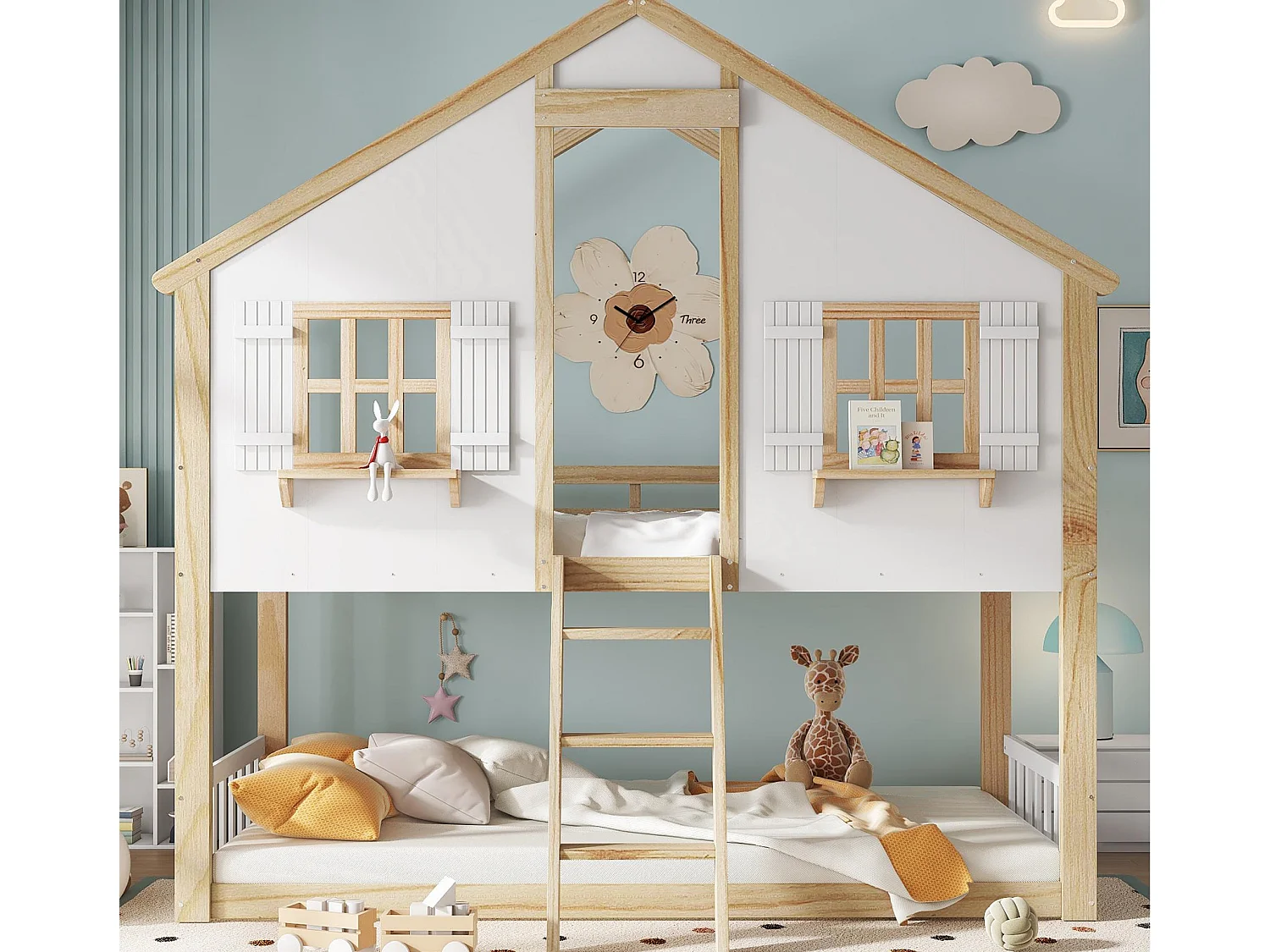 Lit superposé 90x200cm - avec échelle et garde-corps - avec des fenêtres et une forme de maison - Bois massif + MDF - Blanc + Naturel