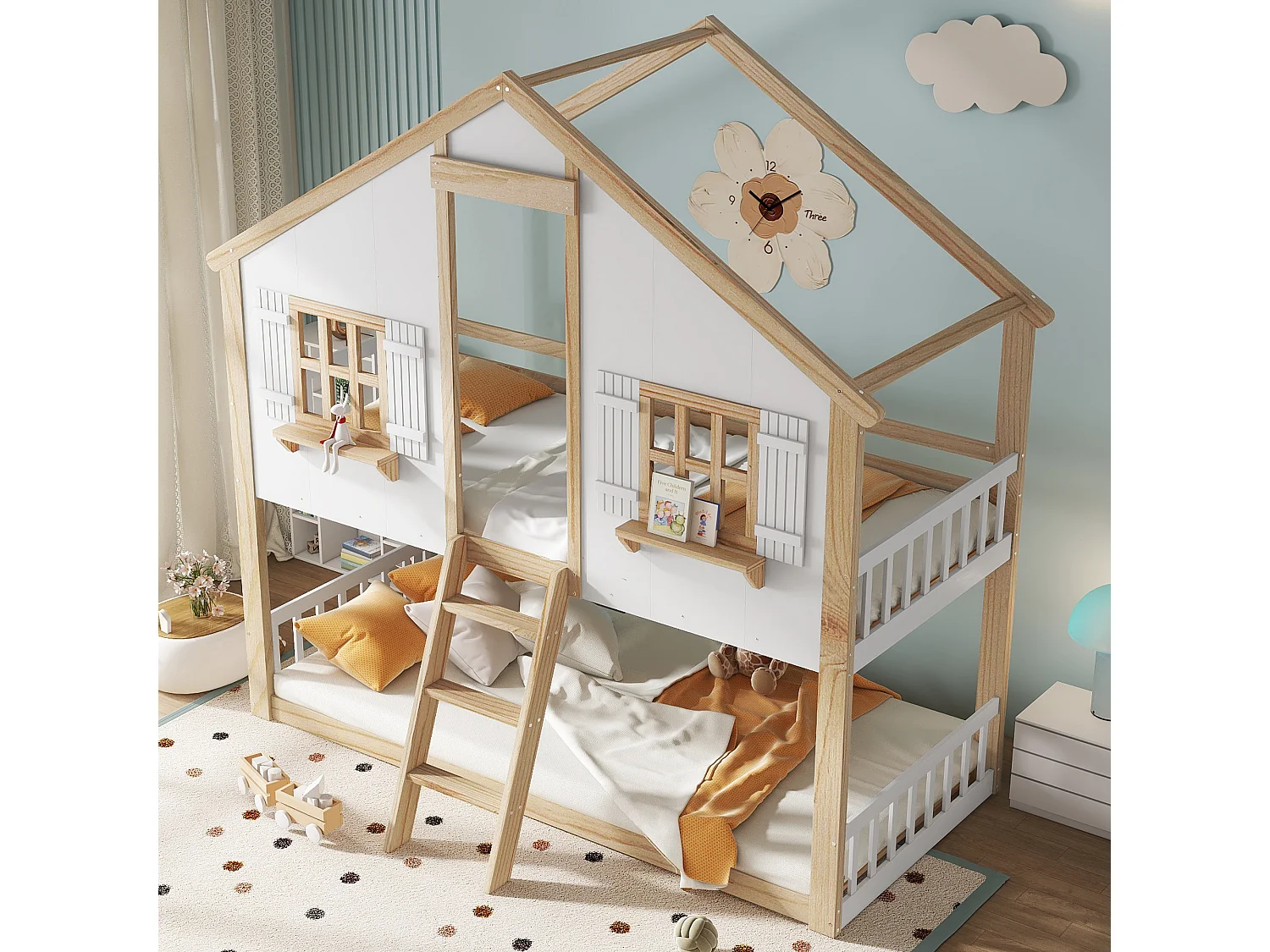 Lit superposé 90x200cm - avec échelle et garde-corps - avec des fenêtres et une forme de maison - Bois massif + MDF - Blanc + Naturel