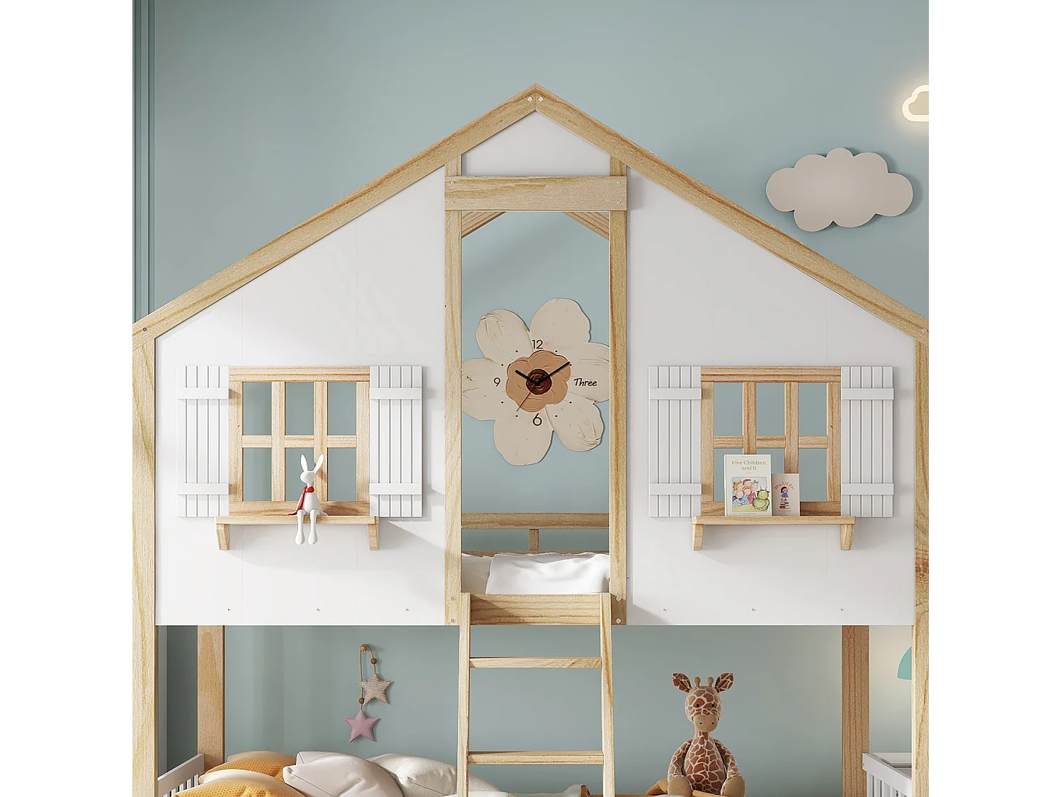 Lit superposé 90x200cm - avec échelle et garde-corps - avec des fenêtres et une forme de maison - Bois massif + MDF - Blanc + Naturel