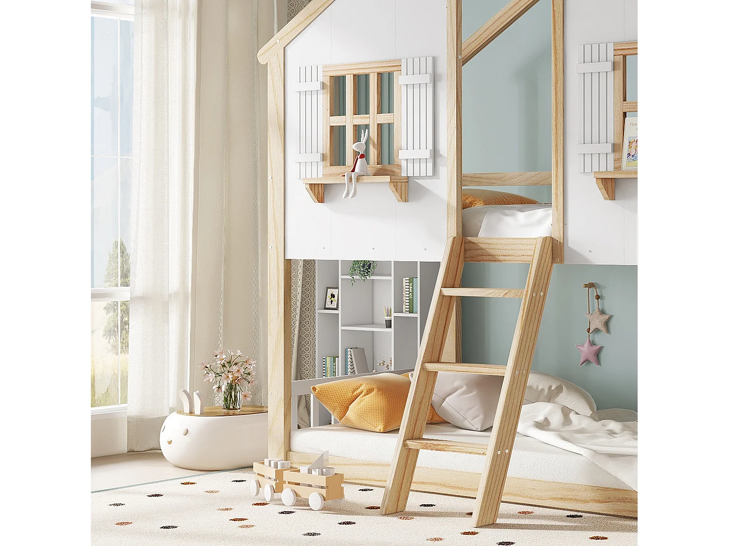Lit superposé 90x200cm - avec échelle et garde-corps - avec des fenêtres et une forme de maison - Bois massif + MDF - Blanc + Naturel