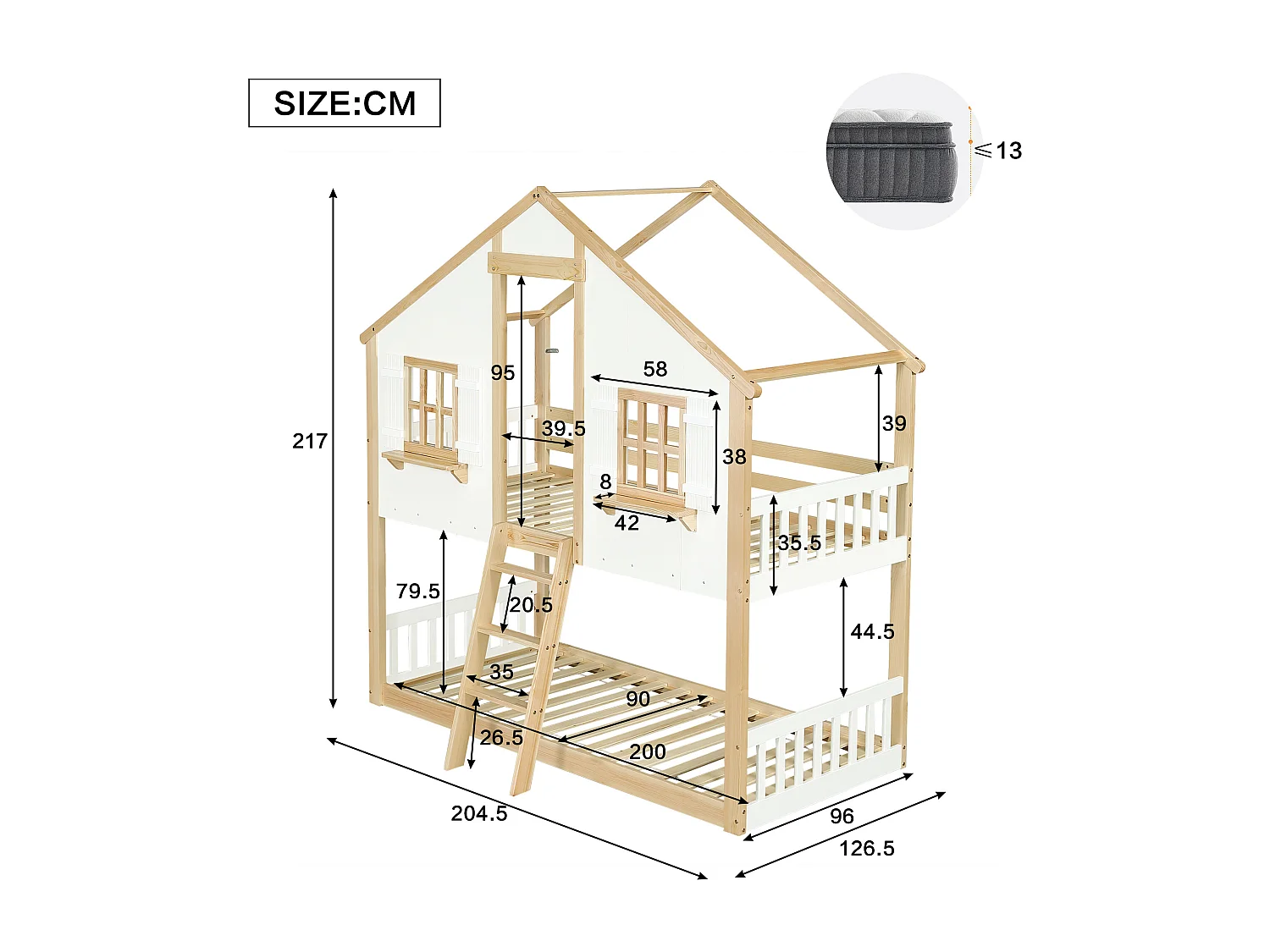 Lit superposé 90x200cm - avec échelle et garde-corps - avec des fenêtres et une forme de maison - Bois massif + MDF - Blanc + Naturel