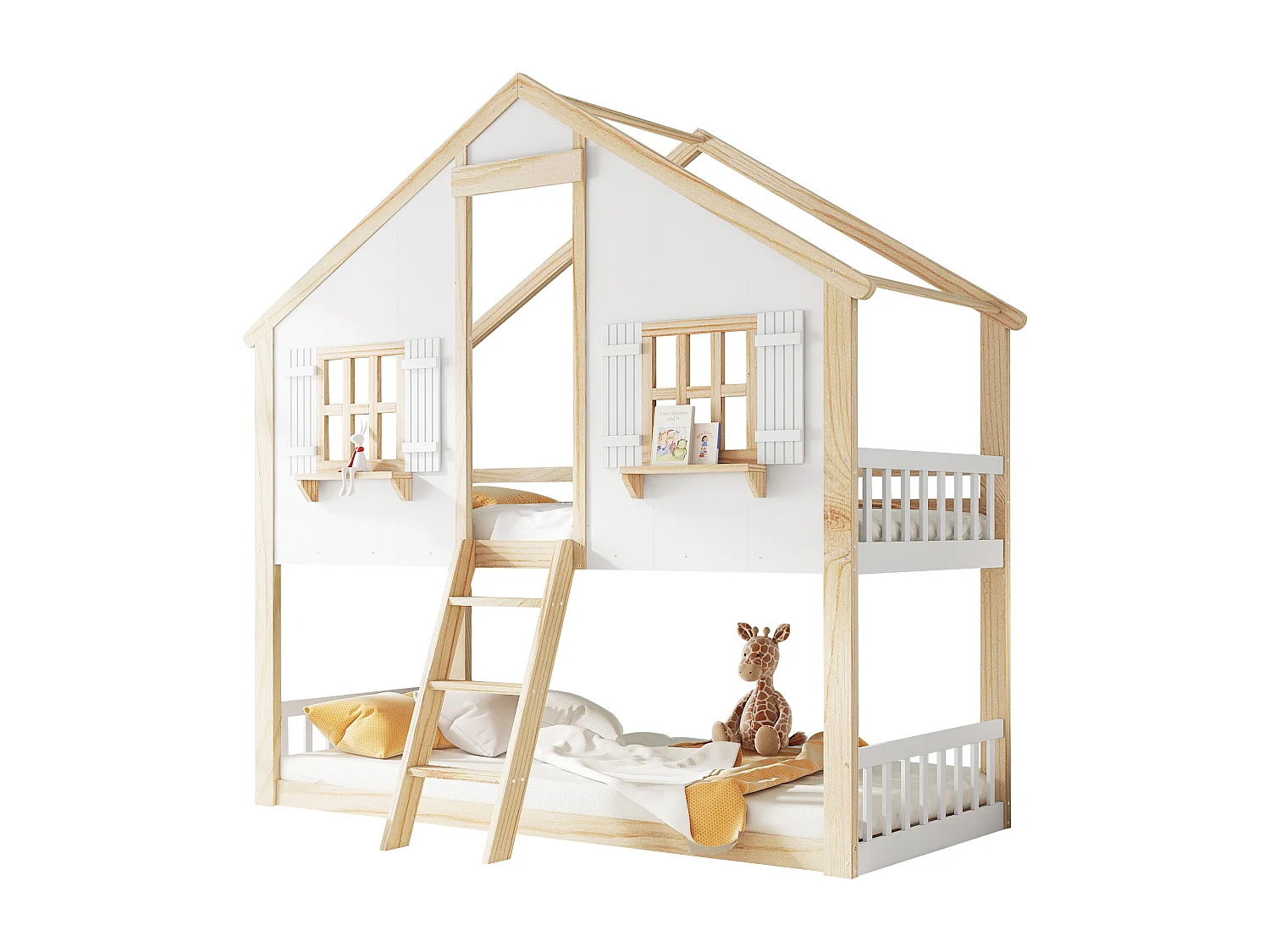 Lit superposé 90x200cm - avec échelle et garde-corps - avec des fenêtres et une forme de maison - Bois massif + MDF - Blanc + Naturel