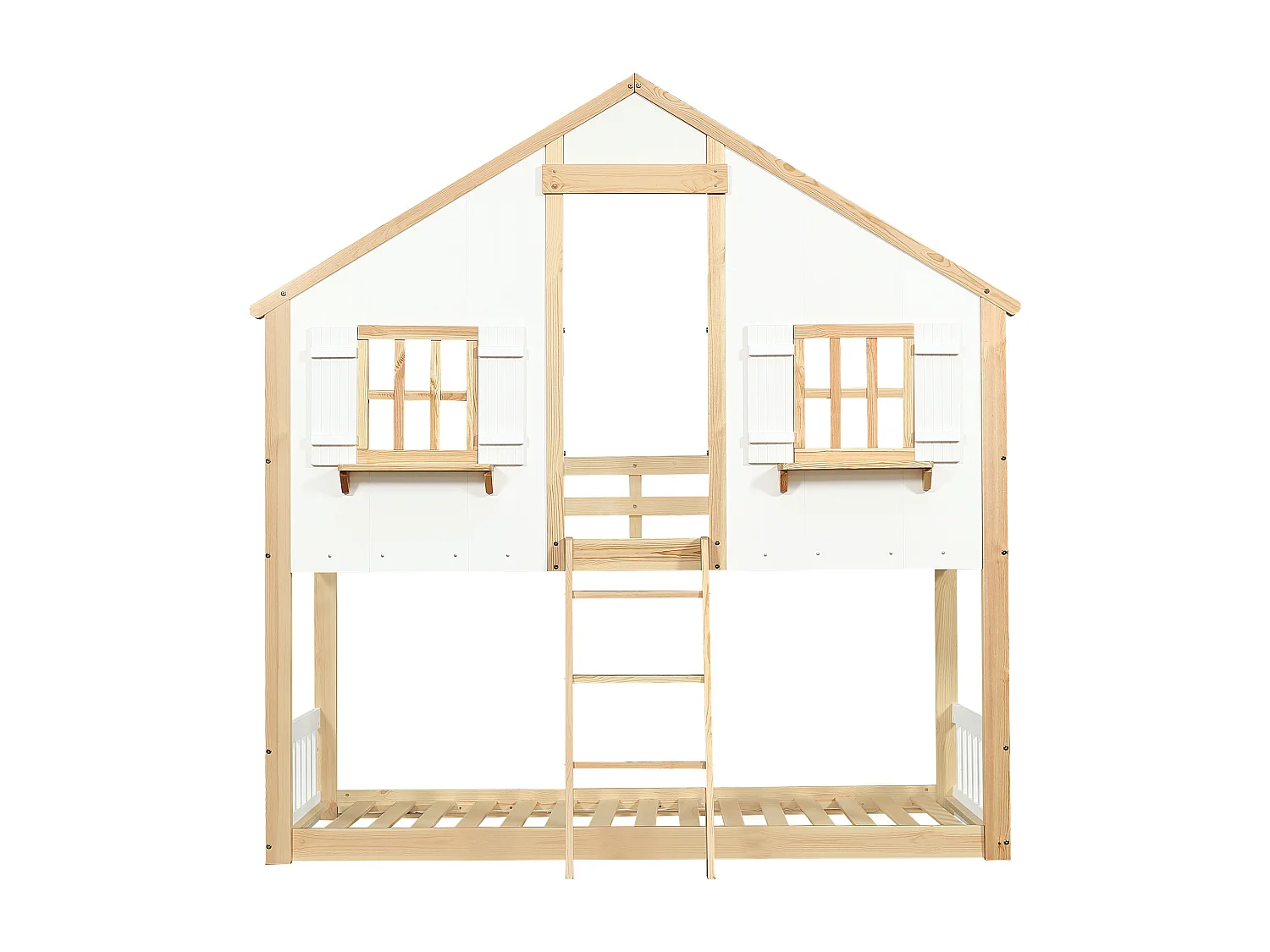Lit superposé 90x200cm - avec échelle et garde-corps - avec des fenêtres et une forme de maison - Bois massif + MDF - Blanc + Naturel