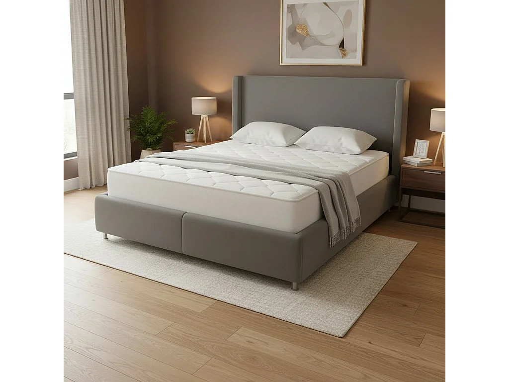 Lit Coffre COCO – Velours gris – 140x190 cm avec Planche de Rangement