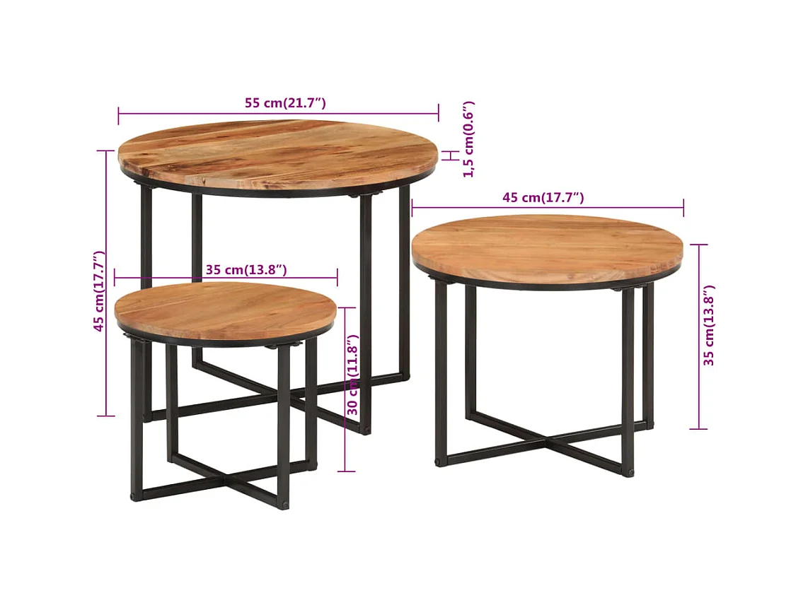 Ilknur  Mesas de centro apilables 3 pzas madera maciza acacia y erro