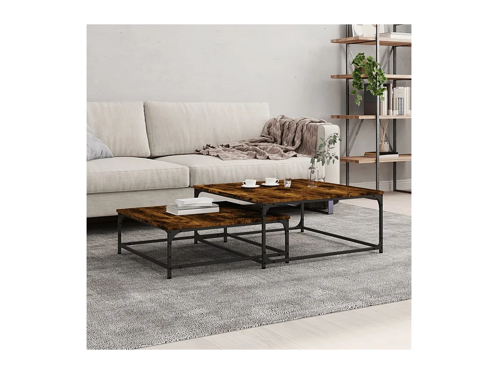 Hapert  2-delige Tafeltjesset bewerkt hout gerookt eikenkleurig