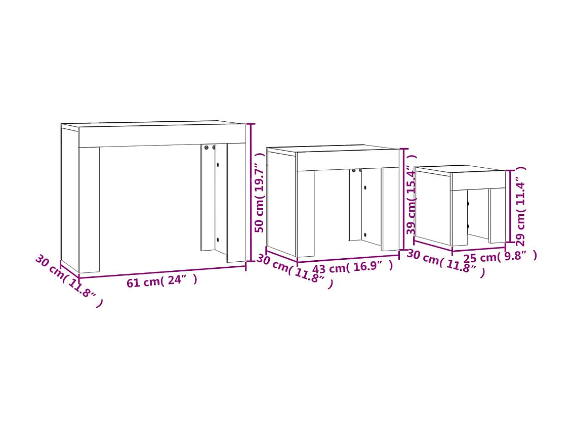 Key Largo  Tables basses gigognes 3 pcs Gris béton Bois d'ingénierie