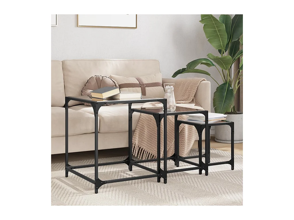 Myldir  Tables basses gigognes 3 pcs dessus en verre noir acier