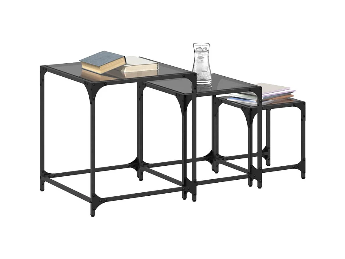 Myldir  Tables basses gigognes 3 pcs dessus en verre noir acier