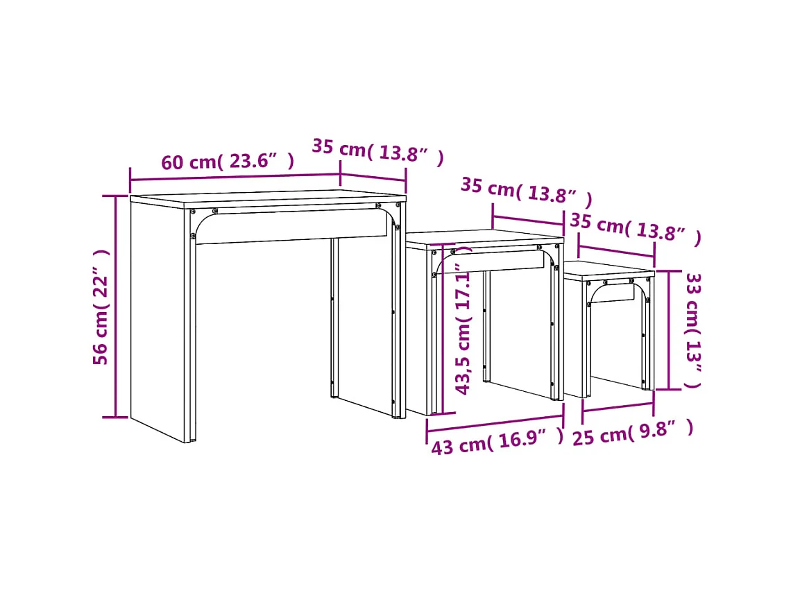 Rex  Mesas de centro apilables 3 pzas madera ingeniería roble Sonoma