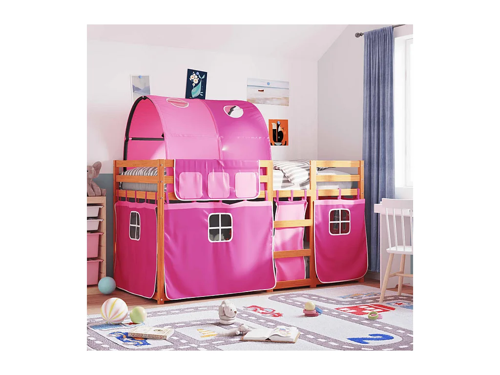 Lit superposé avec rideaux rose 90x190 bois pin massif