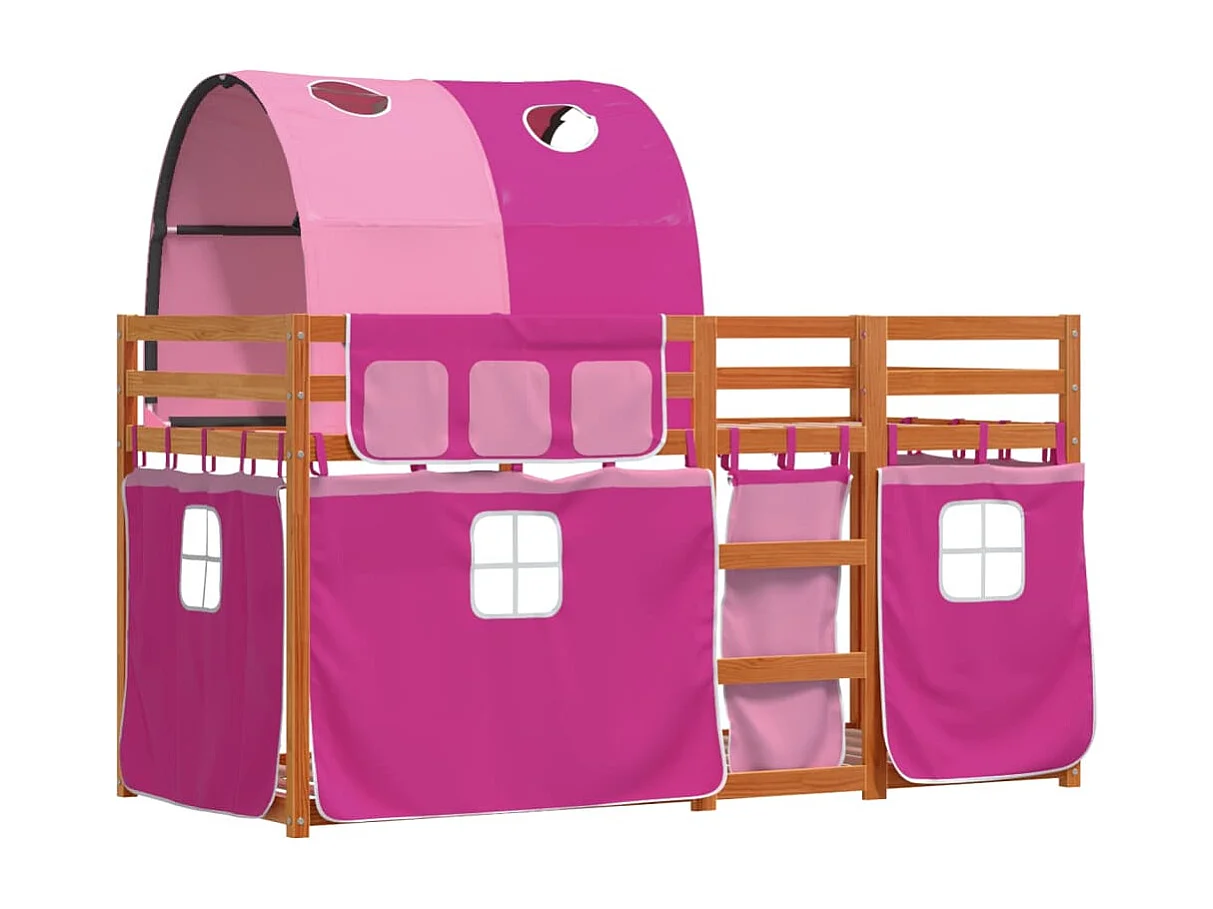 Lit superposé avec rideaux rose 90x190 bois pin massif