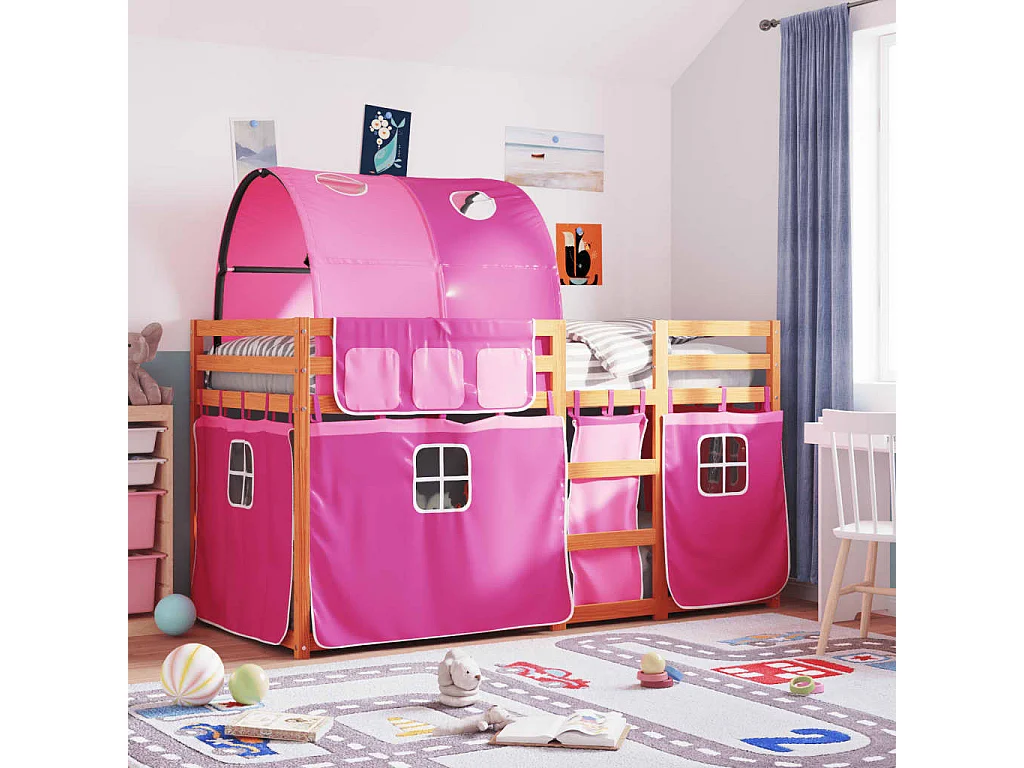 Lit superposé avec rideaux rose 90x190 bois pin massif